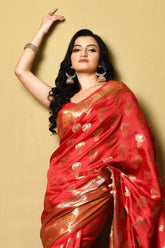 Red Pure Katan Dupion Silk Banarasi Handloom Saree With Ropa-sona Boota And Meenakari Border
